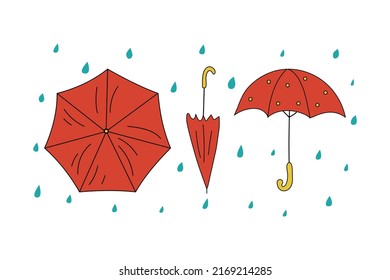 Conjunto de dibujos de paraguas en estilo doodle. Brillantes paraguas de dibujos animados y gotas de lluvia.  Iconos vectores, ilustración.