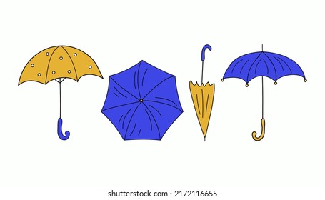 Set of drawings of umbrellas in doodle style. Vector icons, illustration.