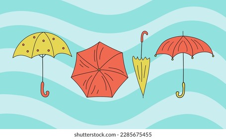 Conjunto de dibujos de paraguas en estilo doodle. Iconos de dibujos animados vectores, ilustración en un fondo aislado de color.
