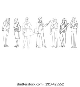Set of drawings in vector, black and white linear illustrations, female professions, student, woman