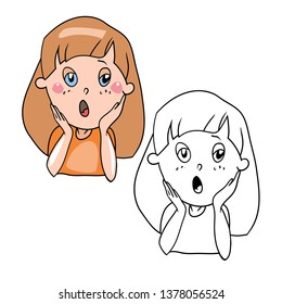 Set of drawings in vector, coloring book, cartoon character, girl with a surprised frightened face
