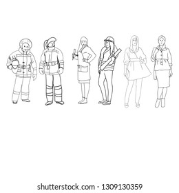 A set of drawings in the vector, illustrations are black and white, linear, female profession, female figure