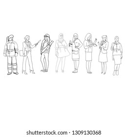 A set of drawings in the vector, illustrations are black and white, linear, female profession, female figure