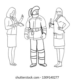 A set of drawings in the vector, illustrations are black and white, linear, female profession, female figure