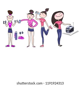 A set of drawings in a vector, images of a modern girl, in different life situations, in the kitchen, jogging, in front of a mirror, in the gym

