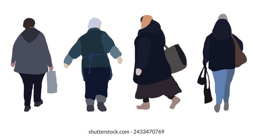 A set of drawings of walking people in different poses. 2D image for use as an entourage. Vector flat city infographics.