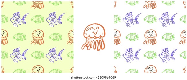 Set drawings with wax crayons. Print for cloth design, textile, fabric, wallpaper, wrapping paper