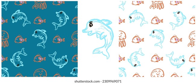 Set drawings with wax crayons. Print for cloth design, textile, fabric, wallpaper, wrapping paper