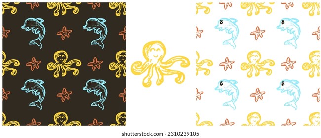Set drawings with wax crayons. Print for cloth design, textile, fabric, wallpaper, wrapping paper