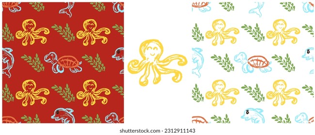 Set drawings with wax crayons. Print for cloth design, textile, fabric, wallpaper, wrapping paper