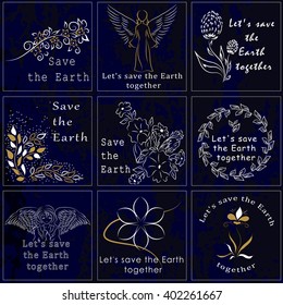 Set drawings in white and gold color, motivating protect planet Earth clean and take care of it. It can be used as logo, posters and stickers or other