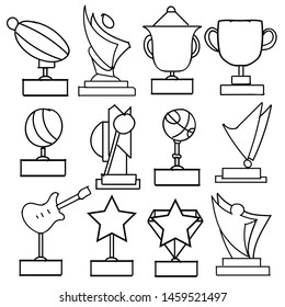 Set of Drawings Winner Trophy Theme Doodle Collection In White Isolated Background