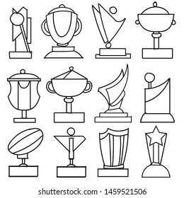 Set of Drawings Winner Trophy Theme Doodle Collection In White Isolated Background