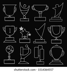 Set of Drawings Winner Trophy Theme Doodle Collection In White Isolated Black Background