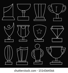 Set of Drawings Winner Trophy Theme Doodle Collection In White Isolated Black Background