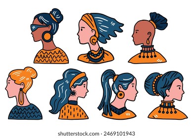 A set of drawings of women with different hairstyles and accessories. The drawings are all in black and white