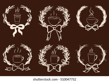 A set of drawings with wreaths and different kind of coffee mugs for decoration of coffee shops, cafes, for promo and advertising in New Year and Christmas time.