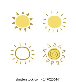 A set of drawings of yellow suns. Vector illustration by hand. Weather symbol