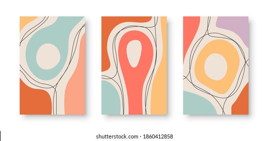 Set of and drawn abstract backgrounds,  various shapes and doodle objects. Contemporary modern trendy vector illustrations in pastel colors.