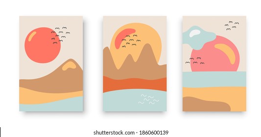 Set of and drawn abstract backgrounds,  various shapes and doodle objects. Contemporary modern trendy vector illustrations in pastel colors.