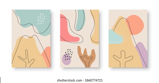 Set of and drawn abstract backgrounds,  various shapes and doodle objects. Contemporary modern trendy vector illustrations in pastel colors.
