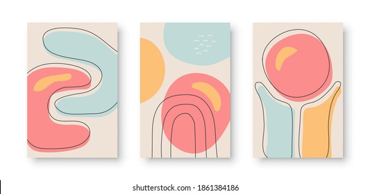 Set of and drawn abstract backgrounds,  various shapes and doodle objects. Contemporary modern trendy vector illustrations in pastel colors.