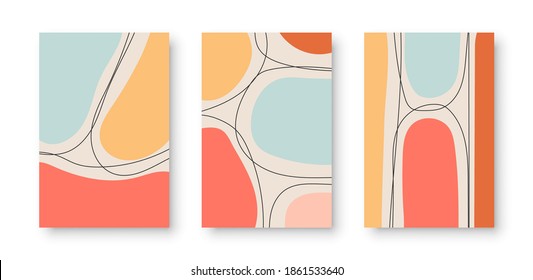 Set of and drawn abstract backgrounds,  various shapes and doodle objects. Contemporary modern trendy vector illustrations in pastel colors.
