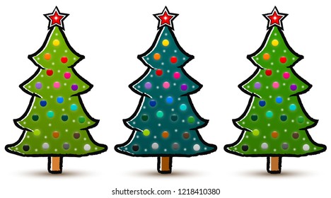 Set of drawn abstract Christmas trees with a red star and decorated with colorful baubles isolated on white background. Three shades of green. Vector Illustration EPS 10