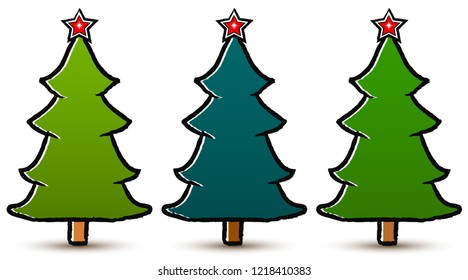 Set of drawn abstract Christmas trees with a star isolated on white background. Three shades of green. Vector Illustration EPS 10