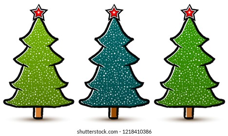 Set of drawn abstract Christmas trees with a star and snow isolated on white background. Three shades of green. Vector Illustration EPS 10