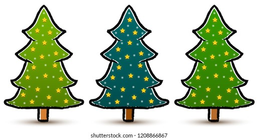 Set of drawn abstract coniferous trees decorated with stars isolated on white background. Three shades of green. Vector EPS 10