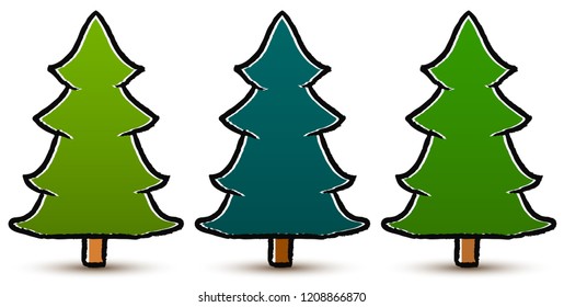 Set of drawn abstract coniferous trees isolated on white background. Three shades of green. Vector EPS 10