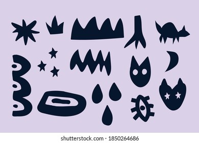 Set drawn abstract shapes and forms. Vector abstract patterns: Drop, Eye, Star, Wave. Doodle collection for your design. black figures on a light background. Vector illustration