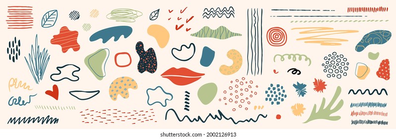 Set of drawn abstract shapes, textures, lines. Doodle style. Collection trendy vector elements for background, posters, template, cards, banners for business, holiday. Natural, modern graphic.