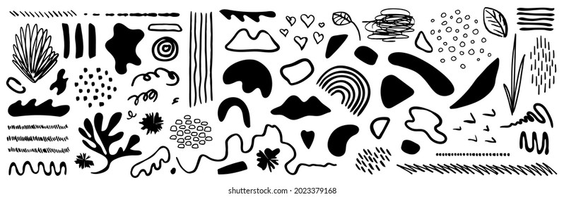 Set of drawn abstract shapes, textures, lines. Doodle style. Collection trendy vector elements for background, posters, template, cards, banners for business, holiday. Natural, modern graphic.