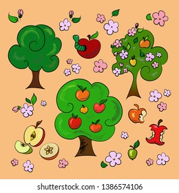 Set of drawn apples and apple trees. Cartoon sticker in comic style with outline. Decorations for greeting cards, posters, stripes, prints for clothes, emblems.