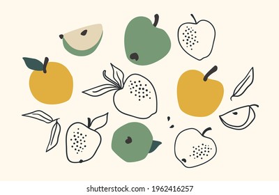 Conjunto de manzanas dibujadas, Ilustración vectorial. Elementos aislados para el diseño