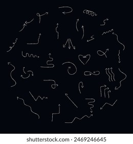 Set of drawn arrows on a dark background.Vector.