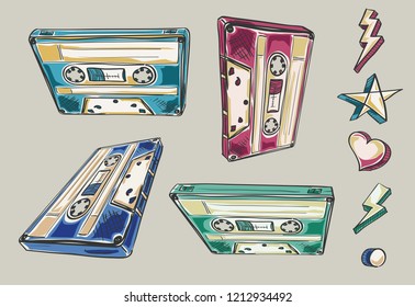 Set of drawn audio cassettes and symbols