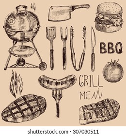 Set of and drawn barbecue utensil and grilled food. 