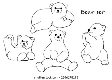 Set of drawn bears. Bear cub. Silhouette. Line art. Wild animals. Arctic. White polar bear. Clip art. Liner. Elements for decor. Zoo. Logo. Tattoo.