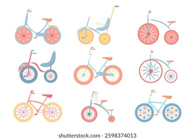 Set of drawn bicycles in retro style. Pastel colors. Illustration,