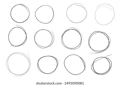Eine Reihe von schwarzen Kreisen in verschiedenen Formen. Handgemachte Rubbelbilder. Vektorsymbole hervorheben