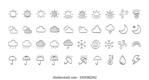 Set of drawn black Weather icons. Weathers icons. Weather vector icons. Weather forecast sign symbols. Weathers signs. Vector illustration