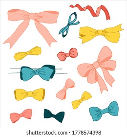 Set of drawn bows. Colored decorative bows