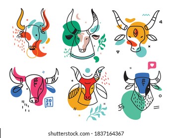 Set of drawn bull's. Abstract contemporary modern trendy vector illustration. Every pattern is isolated new year 2021 