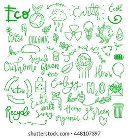 Set of drawn by hand ecology simple line doodle illustrations. Vector recycle environmental icons.