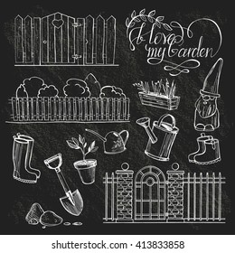 Set drawn by hand on a blackboard. Devoted to gardening.Lettering by hand -I Love My Garden.Isolated.Vector illustration.Drawn by hand .Vector.