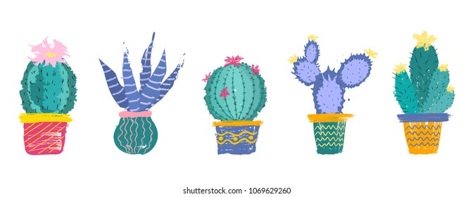 Set of drawn  cacti  with flowers 