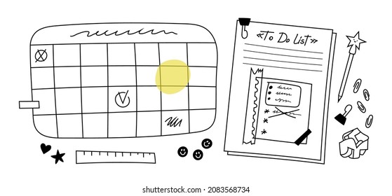 Set of drawn calendar, planner and stacks of papers with notes and assorted stationery. Doodle sheet of crumpled paper, ruler, paper clips, pen with a star. Scheduler with day of the week stamps.